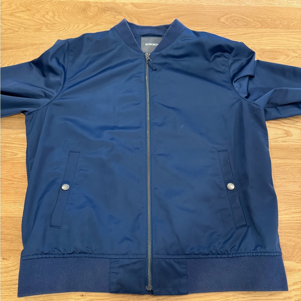 Bonobos Slim Fit Blue Men’s Bomber Jacket, size Large